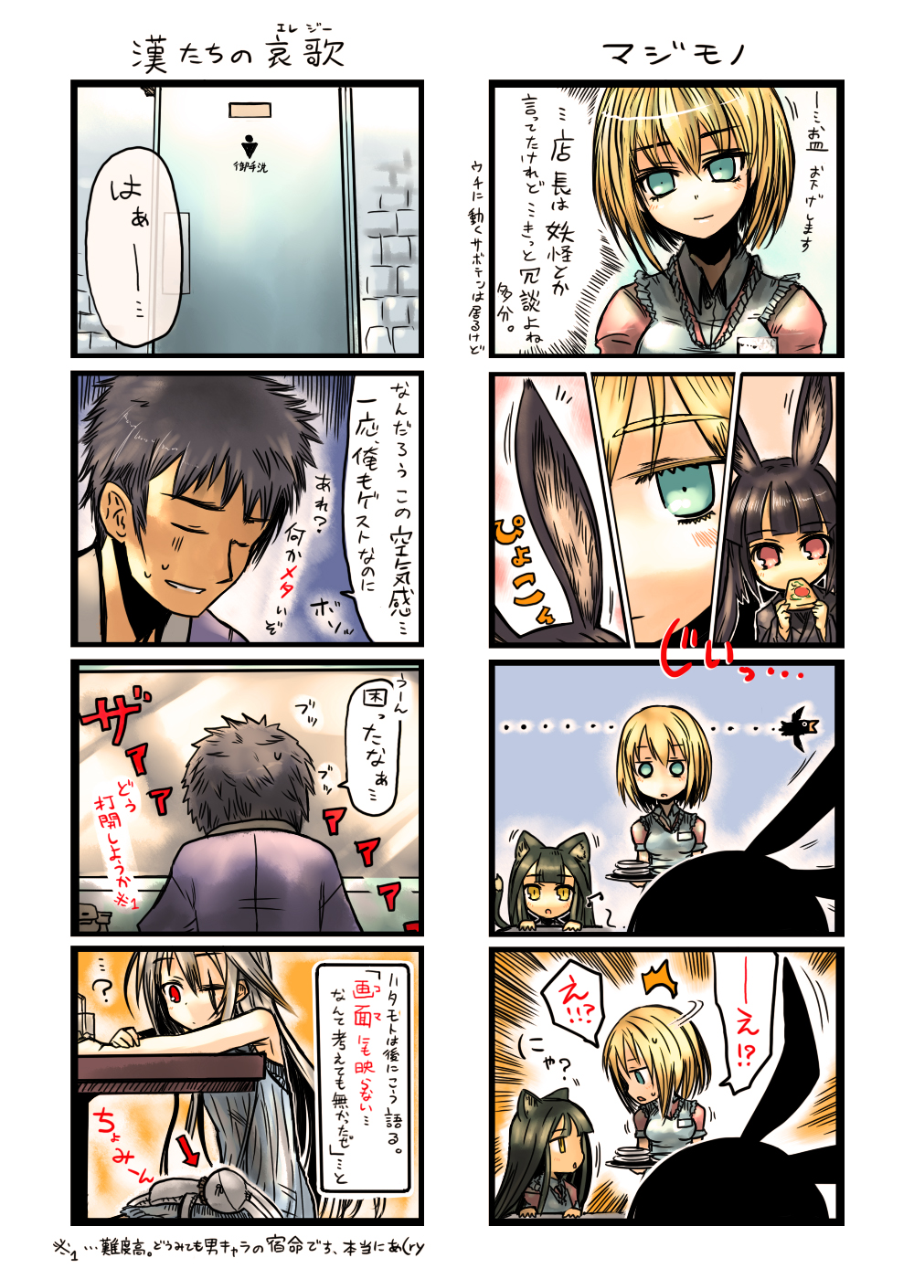 1boy, 4koma, animal_ears, blonde_hair, borrowed_character, comic, commentary_request, closed_eyes