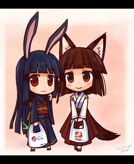 2girls, animal_ears, rabbit_ears, chibi, dated, fox_ears, fox_tail, japanese_clothes