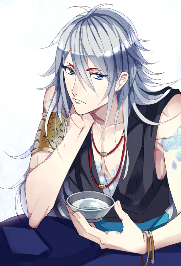10s, 1boy, alcohol, blue_eyes, hoiko_(omurox), indian_style, long_hair, male_focus