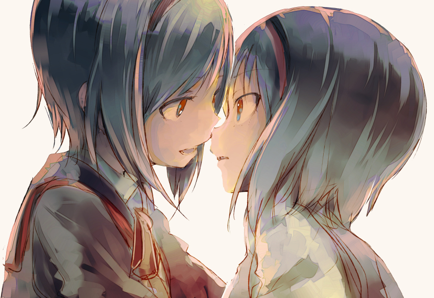 2girls, absurdres, bad_id, bad_pixiv_id, blue_hair, brown_eyes, eye_contact, hairband