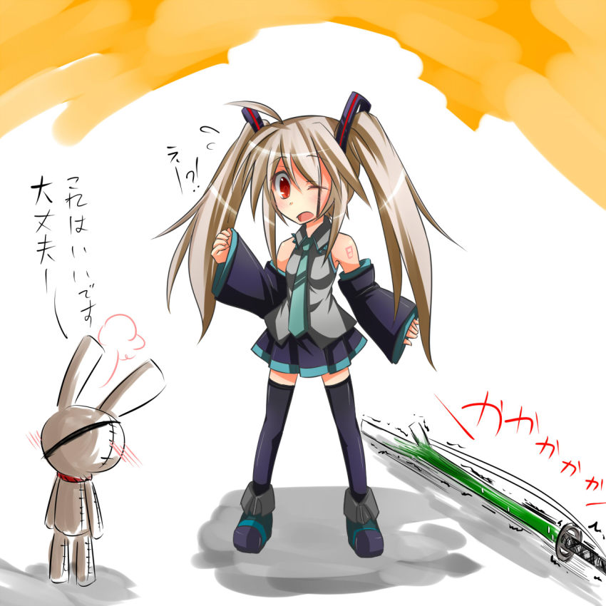 1girl, black_thighhighs, blush, borrowed_character, cosplay, detached_sleeves, hatamoto_(kotoba), hatsune_miku