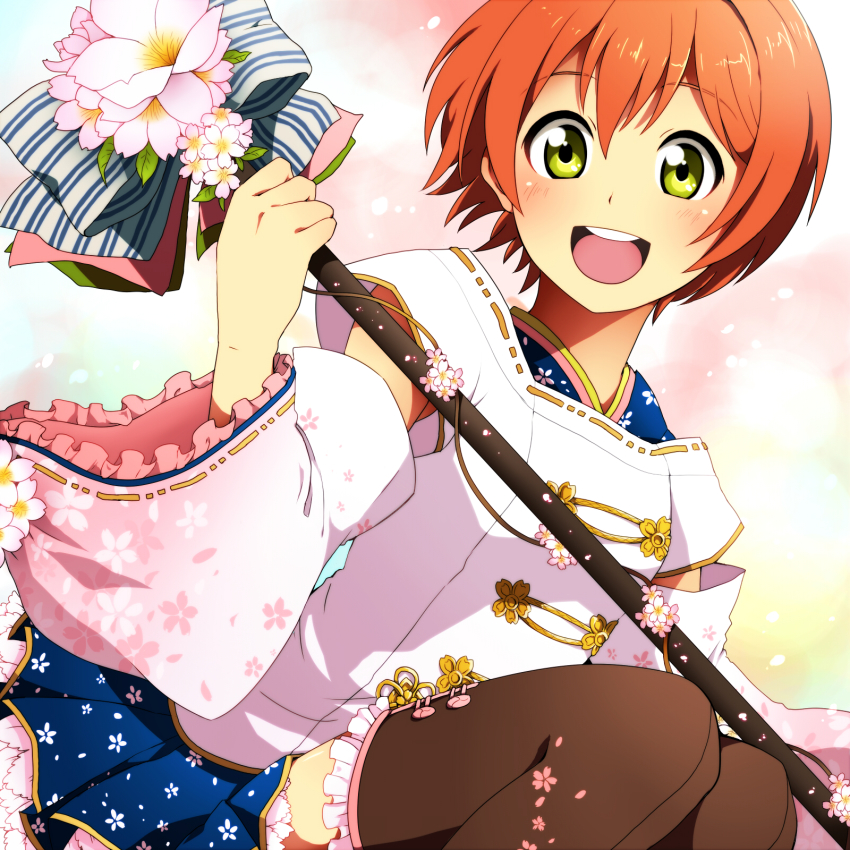 10s, 1girl, :d, black_thighhighs, blue_skirt, bow, detached_sleeves, female_focus, flower, frilled_sleeves, frilled_thighhighs, frills, green_eyes, highres, hoshizora_rin, japanese_clothes, kariginu, lolita_fashion, looking_at_viewer, love_live!, love_live!_school_idol_festival, love_live!_school_idol_project, open_mouth, orange_hair, skirt, smile, solo, staff, striped_bow, thighhighs, usui_(h446), wa_lolita, wide_sleeves, yellow_eye