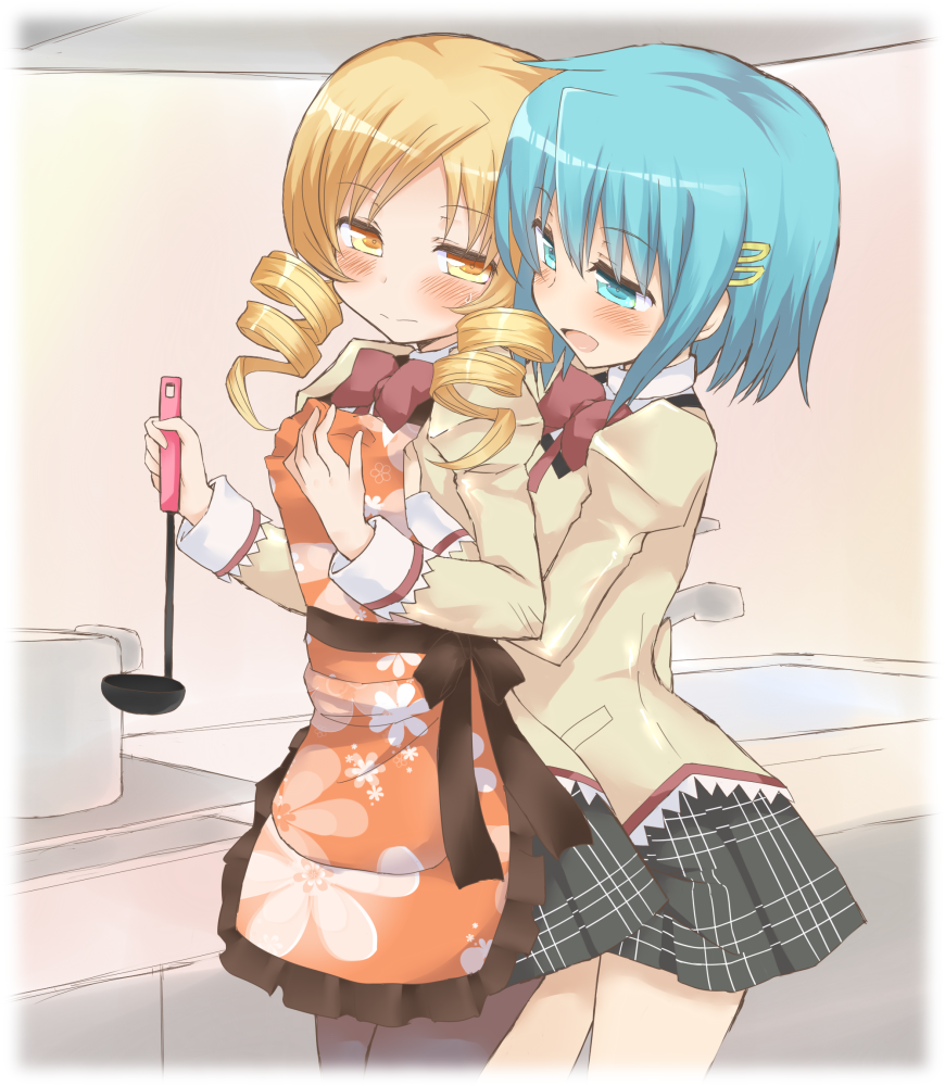10s, 2girls, apron, bad_id, bad_pixiv_id, blonde_hair, blue_eyes, blue_hair