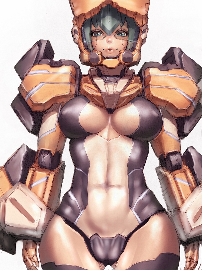 1girl, android, armor, black_thighhighs, breasts, cleavage_cutout, clothing_cutout, female_focus, fourie, fourier_(tales), fumio_(rsqkr), green_eyes, green_hair, helmet, hip_focus, large_breasts, leotard, matching_hair/eyes, mecha_musume, phantasy_star, phantasy_star_online_2, ranks_series_(pso2), short_hair, simple_background, smile, solo, thighhighs, thighs, visor, white_background, wide_hips