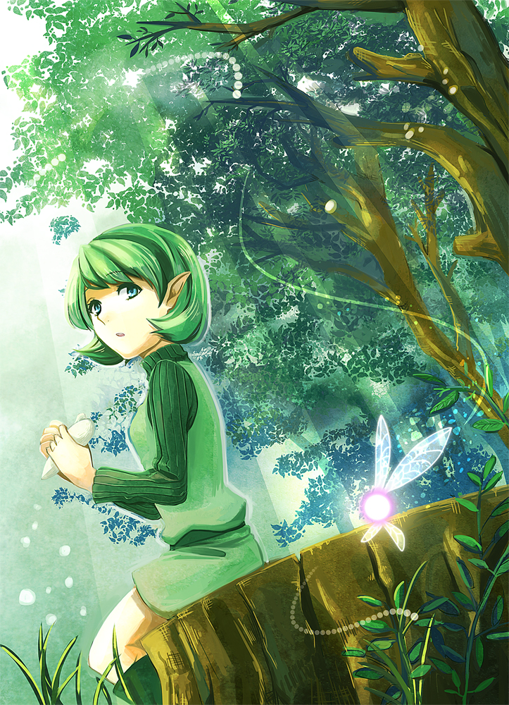 1girl, blue_eyes, boots, dutch_angle, fairy, female_focus, forest, grass, green_hair, hairband, ichimoku_(373117), instrument, long_sleeves, nature, nintendo, ocarina, parted_lips, pointy_ears, saria_(zelda), short_hair, shorts, sitting, solo, the_legend_of_zelda, the_legend_of_zelda:_ocarina_of_time, tree, tree_stump