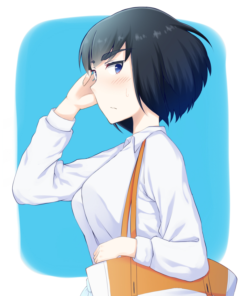 10s, 1girl, bag, black_hair, blue_background, blue_eyes, blush, breasts