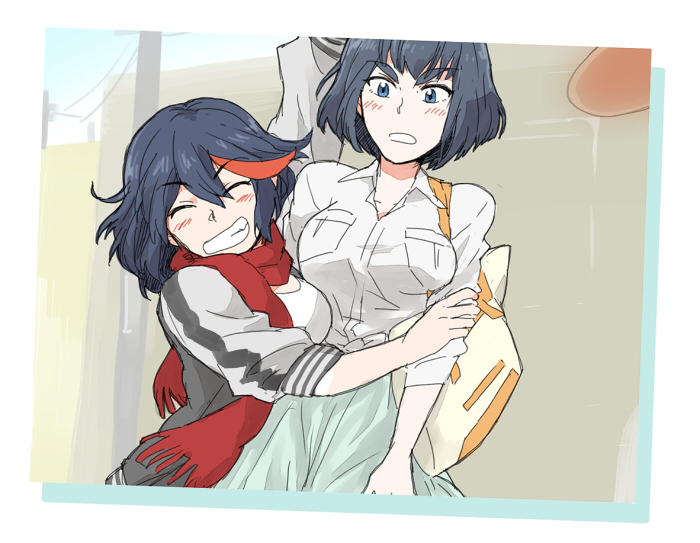 10s, 2girls, alternate_hairstyle, bag, black_hair, blue_eyes, blue_skirt, grin, hug, ike_shita, ikeshita_moyuko, kill_la_kill, kiryuuin_satsuki, matoi_ryuuko, multiple_girls, photo_(object), scarf, shirt, skirt, smile, spoilers