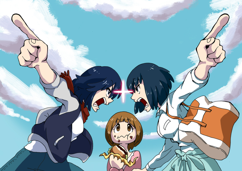 10s, 3girls, :t, arguing, bag, black_hair, blouse, blue_eyes