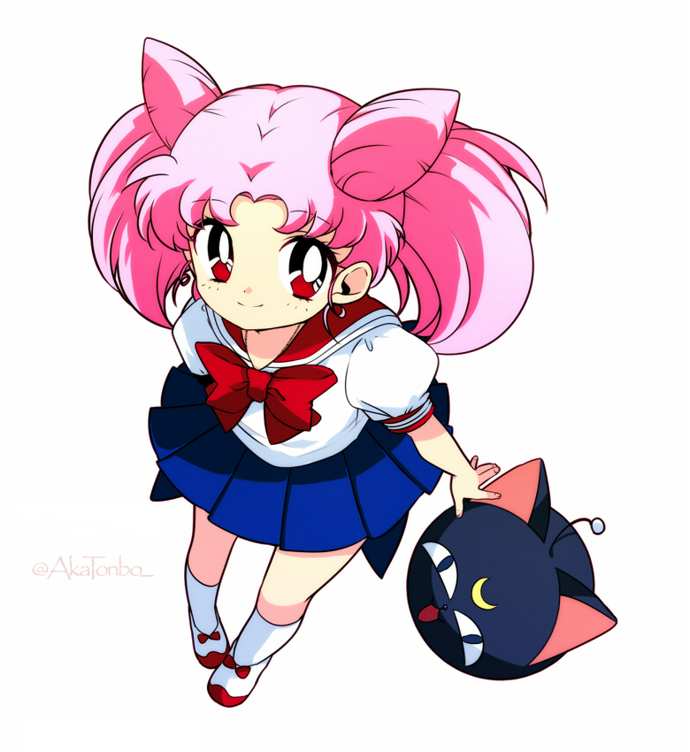 1990s_(style), 1girl, aka_tonbo_(lililil), bishoujo_senshi_sailor_moon, bishoujo_senshi_sailor_moon_r, blue_skirt, bow, chibi_usa, cone_hair_bun, double_bun, female_focus, full_body, hair_bun, luna-p, pink_hair, pleated_skirt, red_eyes, retro_artstyle, school_uniform, serafuku, shoes, short_hair, simple_background, skirt, smile, socks, solo, twintails, white_background