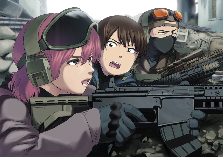 1girl, 2boys, assault_rifle, black_eyes, blue_eyes, brown_hair, city, commentary