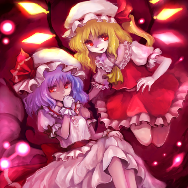 2girls, bat_wings, blonde_hair, dress, fang, flandre_scarlet, frilled_skirt, frills