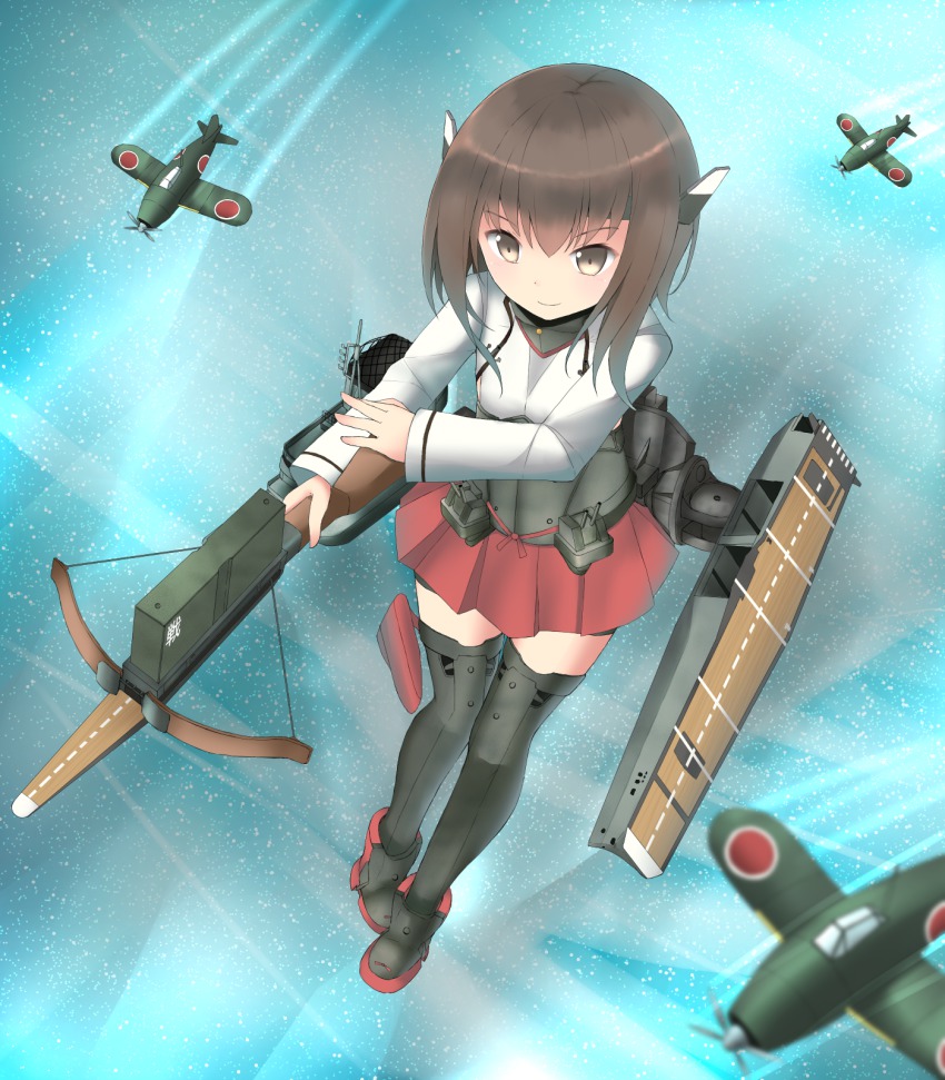10s, 1girl, aircraft, airplane, bike_shorts, black_thighhighs, blush, bow_(weapon)