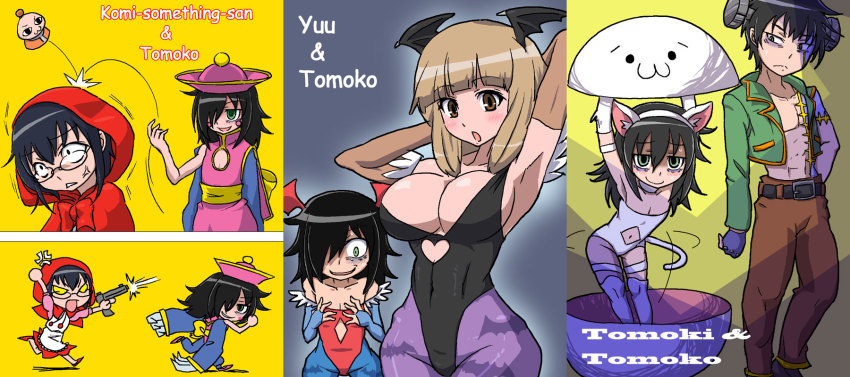 1boy, 3girls, akiyama_(r-aki), animal_print, b.b._hood, b.b._hood_(cosplay), bags_under_eyes, bat_print, bat_wings, black_hair, blush, breast_envy, breasts, brother_and_sister, brown_eyes, capcom, character_name, chibi, cleavage, cleavage_cutout, clothing_cutout, cosplay, crossover, cutout_above_navel, darkstalkers, felicia_(darkstalkers), felicia_(darkstalkers)_(cosplay), green_eyes, hair_over_one_eye, head_wings, highres, hsien-ko, hsien-ko_(cosplay), komiyama_kotomi, kuroki_tomoki, kuroki_tomoko, large_breasts, leotard, lilith_(darkstalkers), lilith_(darkstalkers)_(cosplay), long_hair, morrigan_aensland, morrigan_aensland_(cosplay), multiple_girls, naruse_yuu, pantyhose, parody, patterned_legwear, print_legwear, red_leotard, sazae-san, shoboon, siblings, smile, victor_von_gerdenheim, victor_von_gerdenheim_(cosplay), watashi_ga_motenai_no_wa_dou_kangaetemo_omaera_ga_warui!, wings