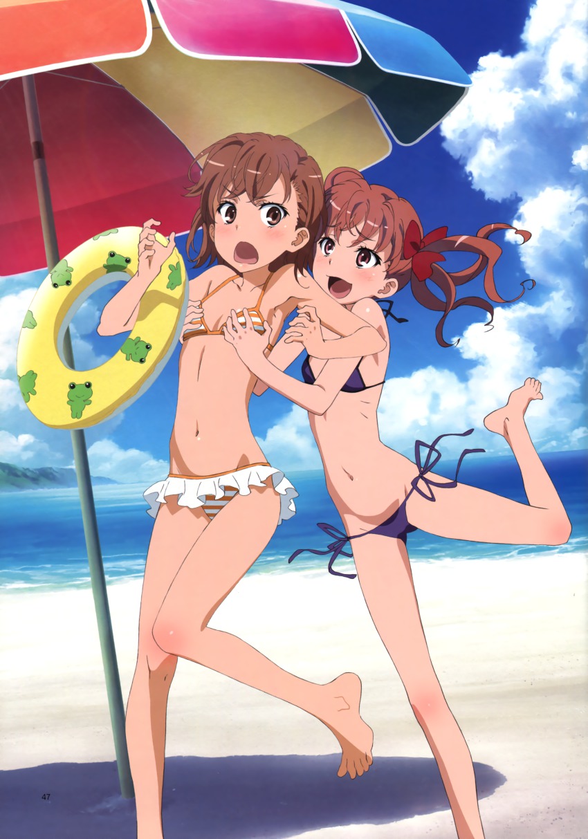 2girls, :d, absurdres, barefoot, beach, beach_umbrella, bikini, bikini_skirt, blush, brown_eyes, brown_hair, child, cloud, d:, day, feet, flat_chest, gekota, grabbing_another's_breast, groping, highres, innertube, long_hair, micro_bikini, misaka_mikoto, multiple_girls, navel, ocean, official_art, open_mouth, scan, shibata_chisa, shirai_kuroko, short_hair, side-tie_bikini_bottom, smile, standing, standing_on_one_leg, striped_bikini, striped_clothes, swim_ring, swimsuit, tanaka_yuuichi, toaru_kagaku_no_railgun, toaru_majutsu_no_index, twintails, umbrella, yuri