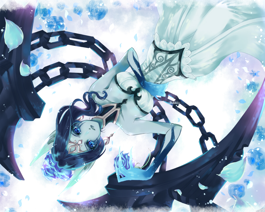 1girl, alternate_costume, alternate_hairstyle, black_wings, blue_eyes, blue_hair, blue_skin, breasts