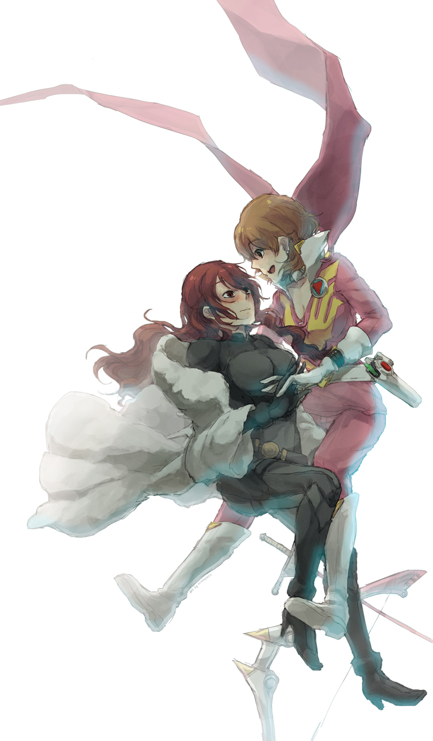 2girls, alternate_costume, blush, bodysuit, boots, breasts, brown_hair, coat