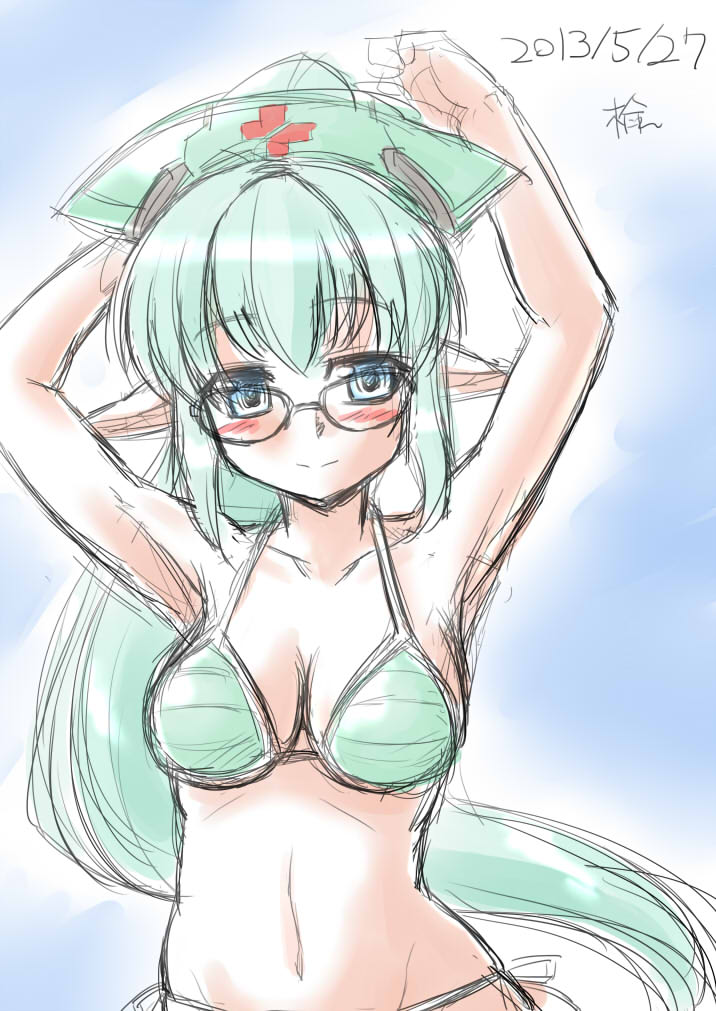 1girl, 2013, armpits, arms_up, bad_id, bad_pixiv_id, bikini, blue_eyes