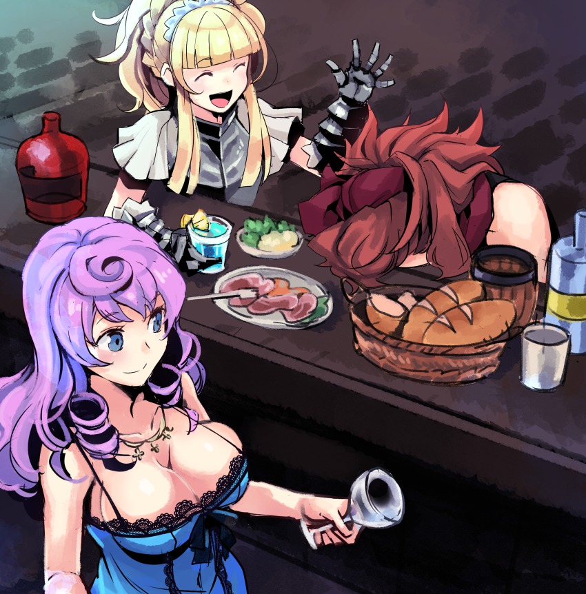 ^_^, atlus, bad_id, bad_pixiv_id, bandana, basket, blonde_hair, blue_eyes, bread, breasts, closed_eyes, etrian_odyssey, food, from_above, gauntlets, glass, highres, indoors, large_breasts, long_hair, missy_(sekaiju), open_mouth, orange_hair, princess_(sekaiju), purple_hair, sega, sekaiju_no_meikyuu, sekaiju_no_meikyuu_3, sovereign_(sekaiju), sovereign_2_(sekaiju), tiara, tubameraamen, warrior_(sekaiju), warrior_3_(sekaiju)