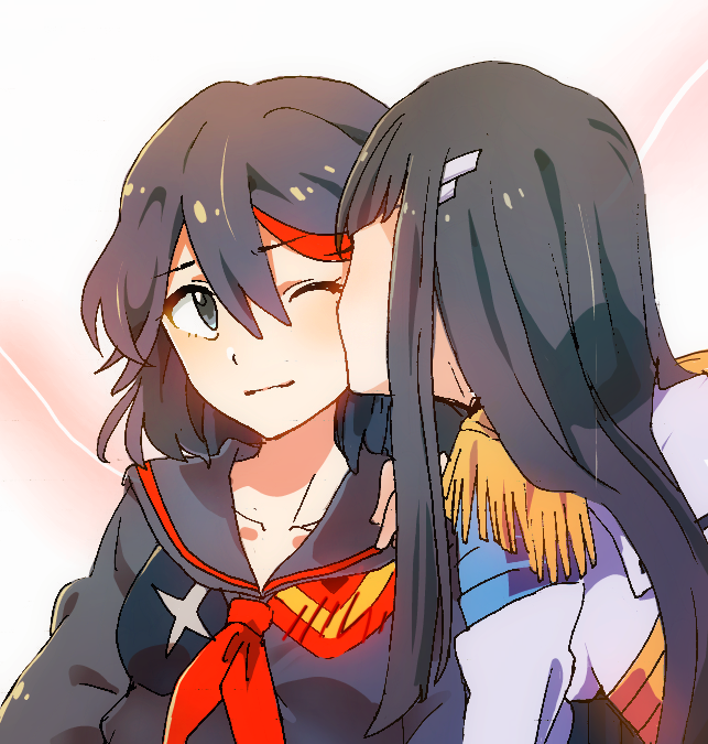 10s, 2girls, bad_id, bad_pixiv_id, black_hair, blue_eyes, junketsu, kill_la_kill, kiryuuin_satsuki, kiss, kohane_(633975), long_hair, matoi_ryuuko, multiple_girls, one_eye_closed, senketsu, smile, wince