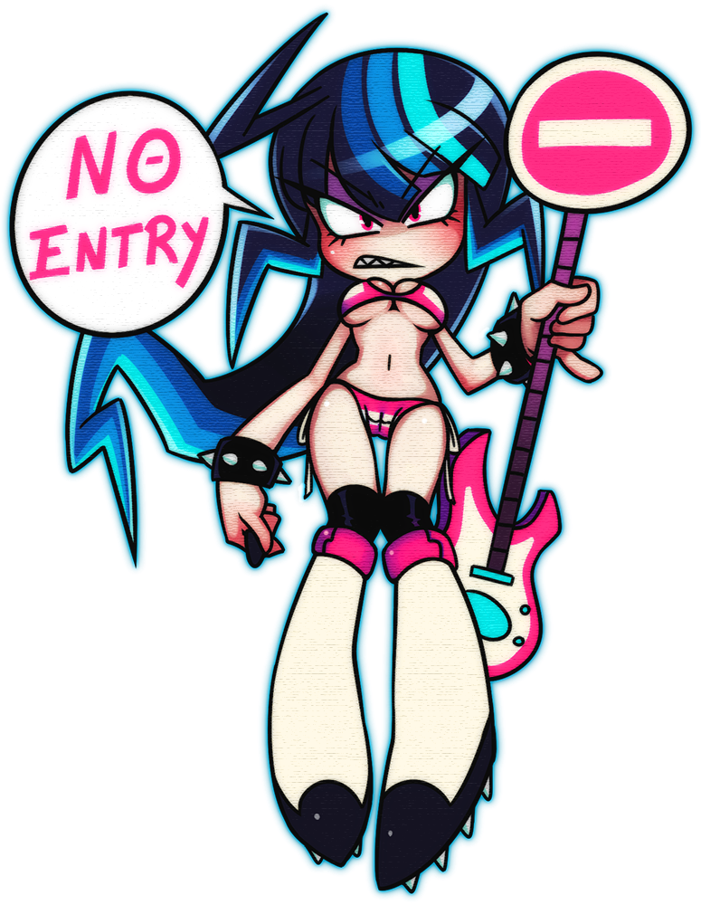 1girl, ahoge, angry, bikini, blue_hair, blush, bommina_the_maidroid, boots, bracelet, breasts, character_request, electric_guitar, english_text, eyeshadow, female_focus, full_body, guitar, instrument, jewelry, knee_boots, makeup, medium_breasts, multicolored_hair, navel, no_entry_sign, nyxon, pink_bikini, pinky_out, plectrum, red_eyes, road_sign, sharp_teeth, side-tie_bikini_bottom, sidelocks, sign, solo, speech_bubble, spiked_bracelet, spikes, standing, streaked_hair, swimsuit, teeth, thighhighs, transparent_background, underboob