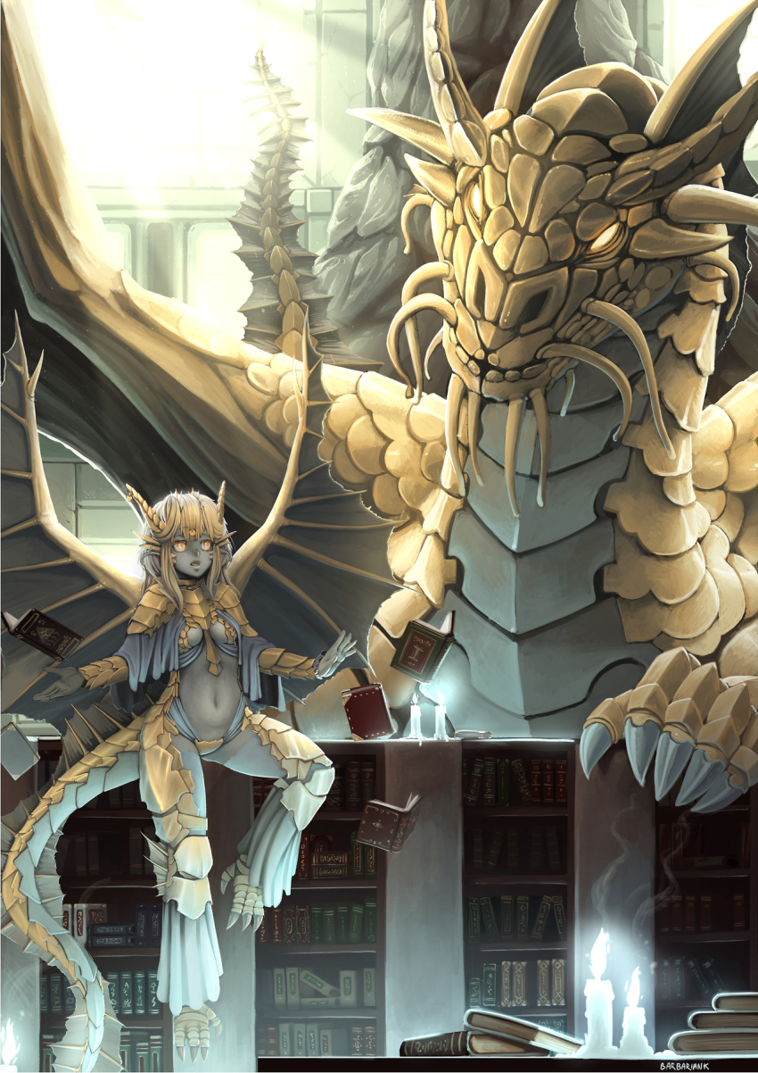 1girl, barbariank, book, bookshelf, breasts, breasts_apart, candle, capelet, circlet, colored_skin, dragon, dragon_girl, dragon_horns, dragon_tail, dragon_wings, floating, floating_book, floating_object, gold_dragon_(d&amp;d), grey_skin, highres, horns, library, long_hair, md5_mismatch, medium_breasts, monster_girl, navel, orange_eyes, original, scales, sideboob, silver_hair, tail, talons, underboob, whiskers, wings