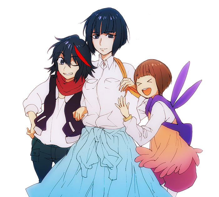 >_<, 10s, 3girls, backpack, bag, black_hair, blue_skirt, brown_hair, casual, closed_eyes, denim, jacket, jeans, kill_la_kill, kiryuuin_satsuki, mankanshoku_mako, matoi_ryuuko, multicolored_hair, multiple_girls, one_eye_closed, pants, sansintei_auto, shirt, short_hair, shorts, skirt, smile, spoilers, streaked_hair, white_background, wink