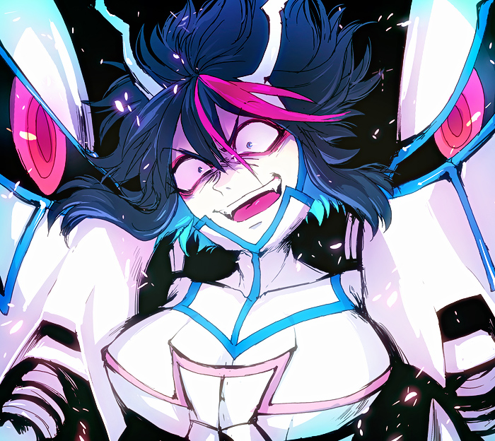 10s, 1girl, blue_eyes, blue_hair, breasts, constricted_pupils, crazy_eyes, crazy_smile, eyeshadow, fangs, female_focus, junketsu, kill_la_kill, large_breasts, makeup, matching_hair/eyes, matoi_ryuuko, multicolored_hair, open_mouth, pink_hair, sansintei_auto, short_hair, smile, solo, spoilers, two-tone_hair
