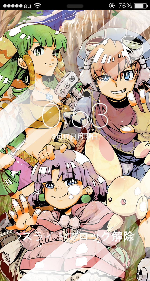 1boy, 2girls, against_glass, cellphone, cheek_squash, feena_(grandia), fingerless_gloves, g59_plus13, gloves, goggles, goggles_on_head, grandia, grandia_i, green_hair, grin, hair_tubes, hand_on_another's_head, iphone, jewelry, justin_(grandia), looking_at_viewer, midriff, multiple_girls, necklace, phone, puffy_(grandia), purple_hair, puui_(grandia), red_hair, scarf, smartphone, smile, smirk, sue_(grandia)