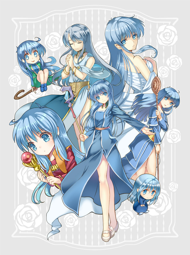 6+girls, aisagi, blue_dress, blue_eyes, blue_hair, chibi, choker, dinosaur_(game)