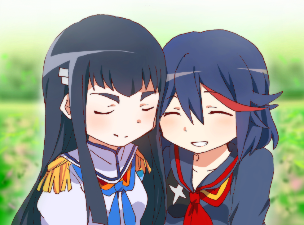 2girls, bad_id, bad_pixiv_id, black_hair, cheek-to-cheek, cheek_press, closed_eyes, epaulettes
