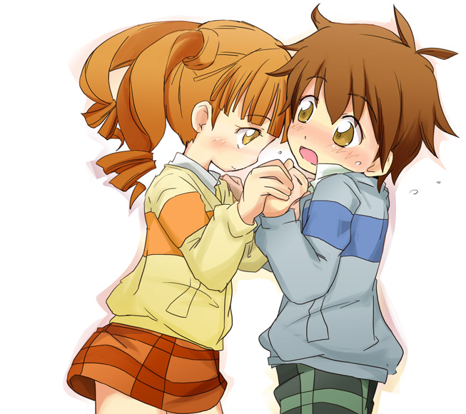 00s, 1boy, 1girl, :o, blunt_bangs, cowboy_shot, drill_hair, from_side