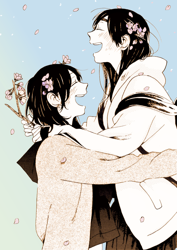 2girls, backpack, bad_id, bad_pixiv_id, bag, black_hair, blush, branch