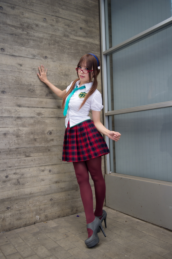 1girl, brown_hair, cosplay, east_asian, female_focus, glasses, hairband, high_heels