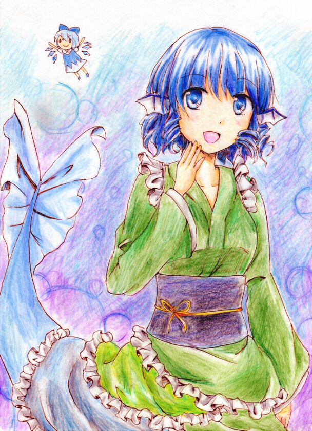 >:), 2girls, :d, blue_eyes, blue_hair, cirno, colored_pencil_(medium), dress