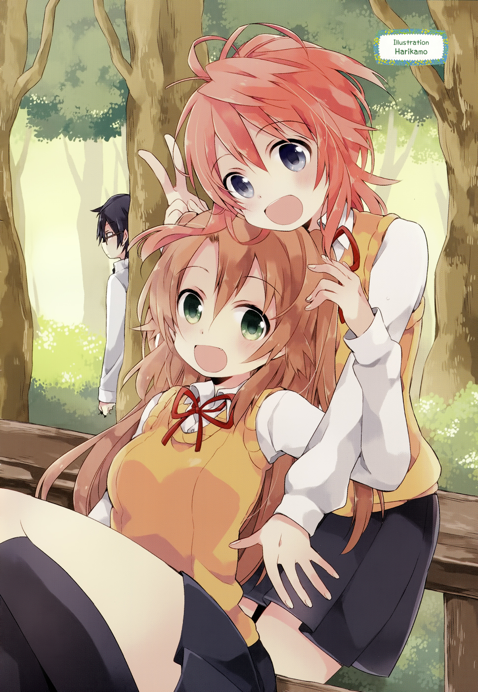 1boy, 2girls, :d, alternate_breast_size, artist_name, black_socks, blue_eyes, blush