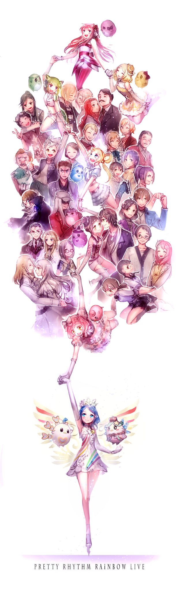 6+boys, 6+girls, akai_meganee, amou_june, annotated, ayase_naru, ayase_poemu, ayase_ryuunosuke, bird, blonde_hair, blue_eyes, blue_hair, brown_hair, cone_hair_bun, copyright_name, crown, double_bun, dress, ethini_(pretty_rhythm), everyone, facial_hair, femini_(pretty_rhythm), fukuhara_ann, fukuhara_sentarou, fukuhara_yuriko, glasses, gloves, green_hair, hair_bun, hat, hayami_hiro, highres, himuro_hijiri, himuro_maria, holding_hands, hug, irua, jouzenji_ai, kitagawa_(pretty_rhythm), kurokawa_rei, kurun_(pretty_rhythm), long_hair, lovelyn, md5_mismatch, midriff, mihama_kouji, mihama_natsuko, mihama_takeyuki, momo_(pretty_rhythm), morizono_futaba, morizono_tadashi, morizono_wakana, multiple_boys, multiple_girls, mustache, nishina_kazuki, norizuki_jin, norizuki_kou, peacock_sensei, penguin, penguin_sensei, pink_hair, poppun_(pretty_rhythm), pretty_series, pretty_rhythm, pretty_rhythm_rainbow_live, purple_eyes, purple_hair, red_eyes, renjouji_beru, renjouji_ritsu, renjouji_yukihide, rinne_(pretty_rhythm), school_uniform, sessny_(pretty_rhythm), short_hair, side_ponytail, silver_hair, skates, smile, starn_(pretty_rhythm), suzuno_gen, suzuno_ito, suzuno_tsuru, suzuno_yuu, takanashi_otogi, takanashi_otoha, takanashi_soushi, tanaka-san_(pretty_rhythm), uchida_rina, yellow_eyes