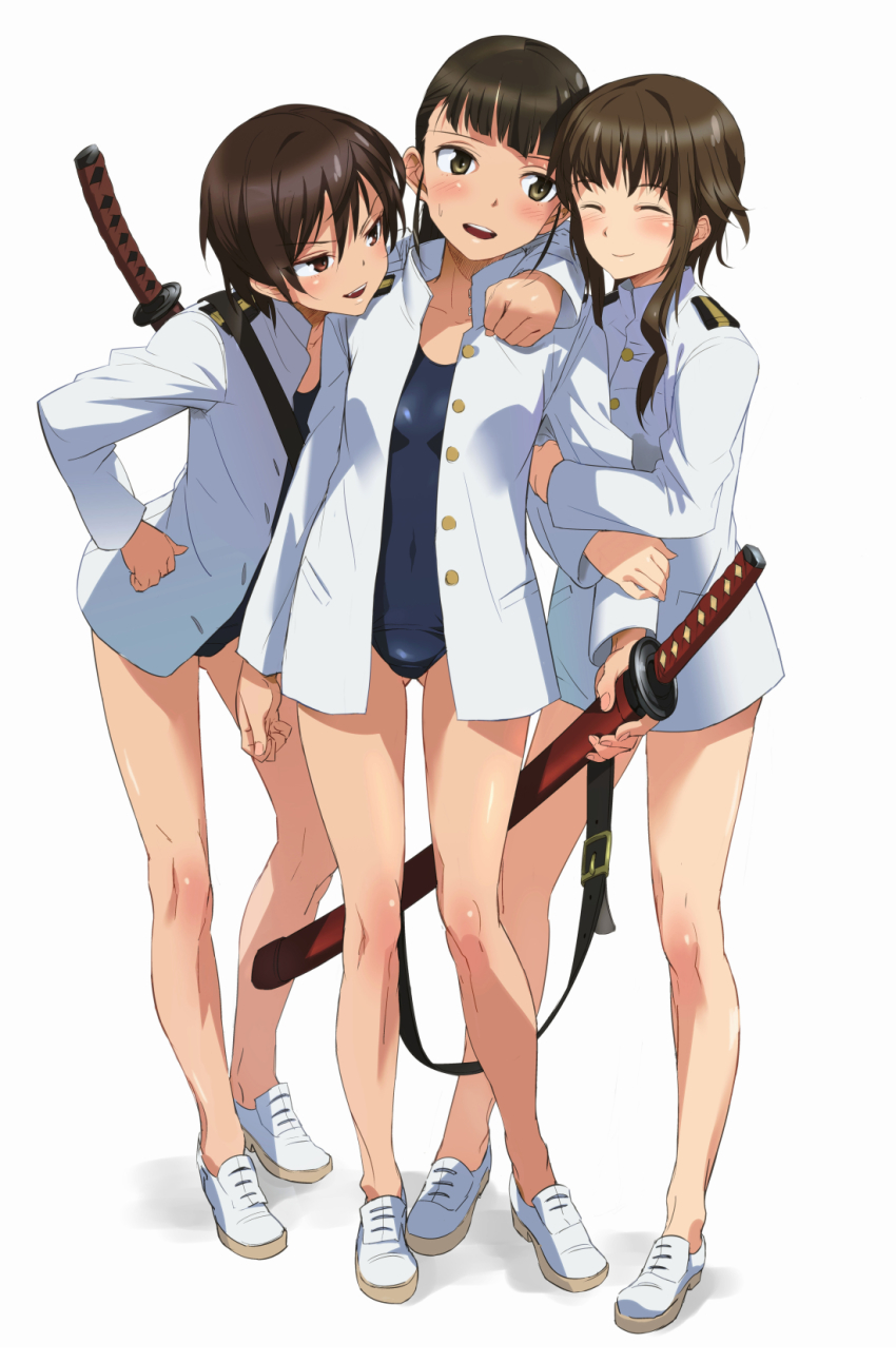 3girls, arm_around_neck, arm_hug, black_eyes, black_hair, blush, brown_eyes, brown_hair