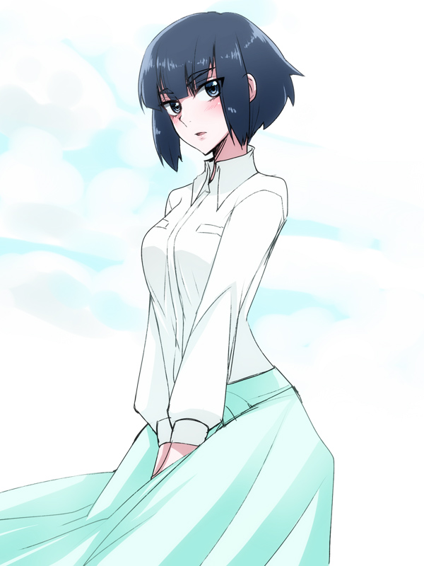 10s, 1girl, black_hair, blue_eyes, blush, cloud, emappo, female_focus