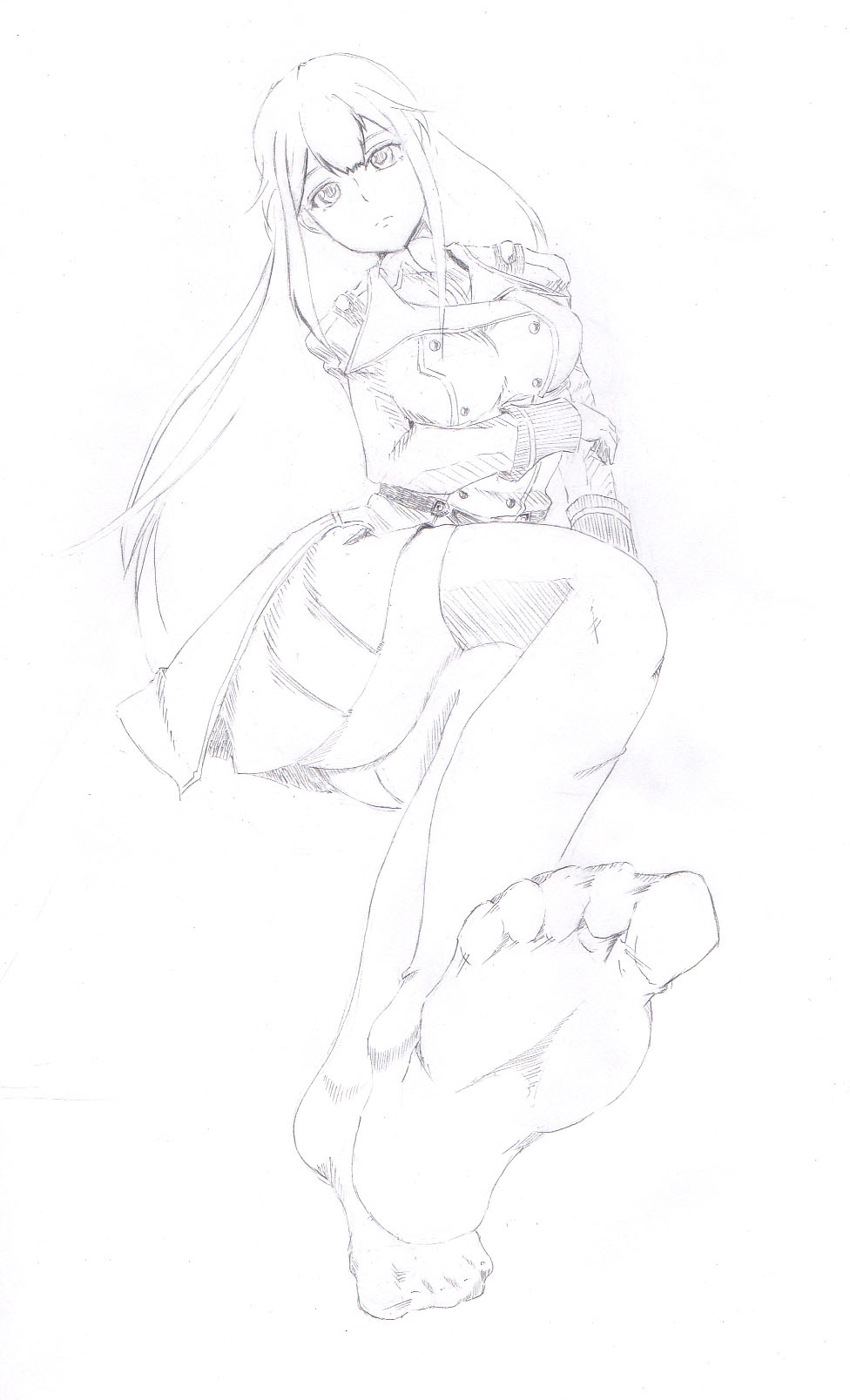 10s, 1girl, bad_id, bad_pixiv_id, buddy_complex, feet, female_focus, highres, long_hair, military, military_uniform, monochrome, shikashi, simple_background, sketch, solo, thighhighs, white_background, yumihara_hina, zettai_ryouiki