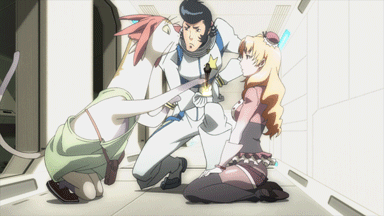 10s, 1girl, 2boys, animated, animated_gif, anime_screenshot, black_hair, blonde_hair, dandy_(space_dandy), gloves, lowres, mamitas, meow_(space_dandy), multiple_boys, space_dandy