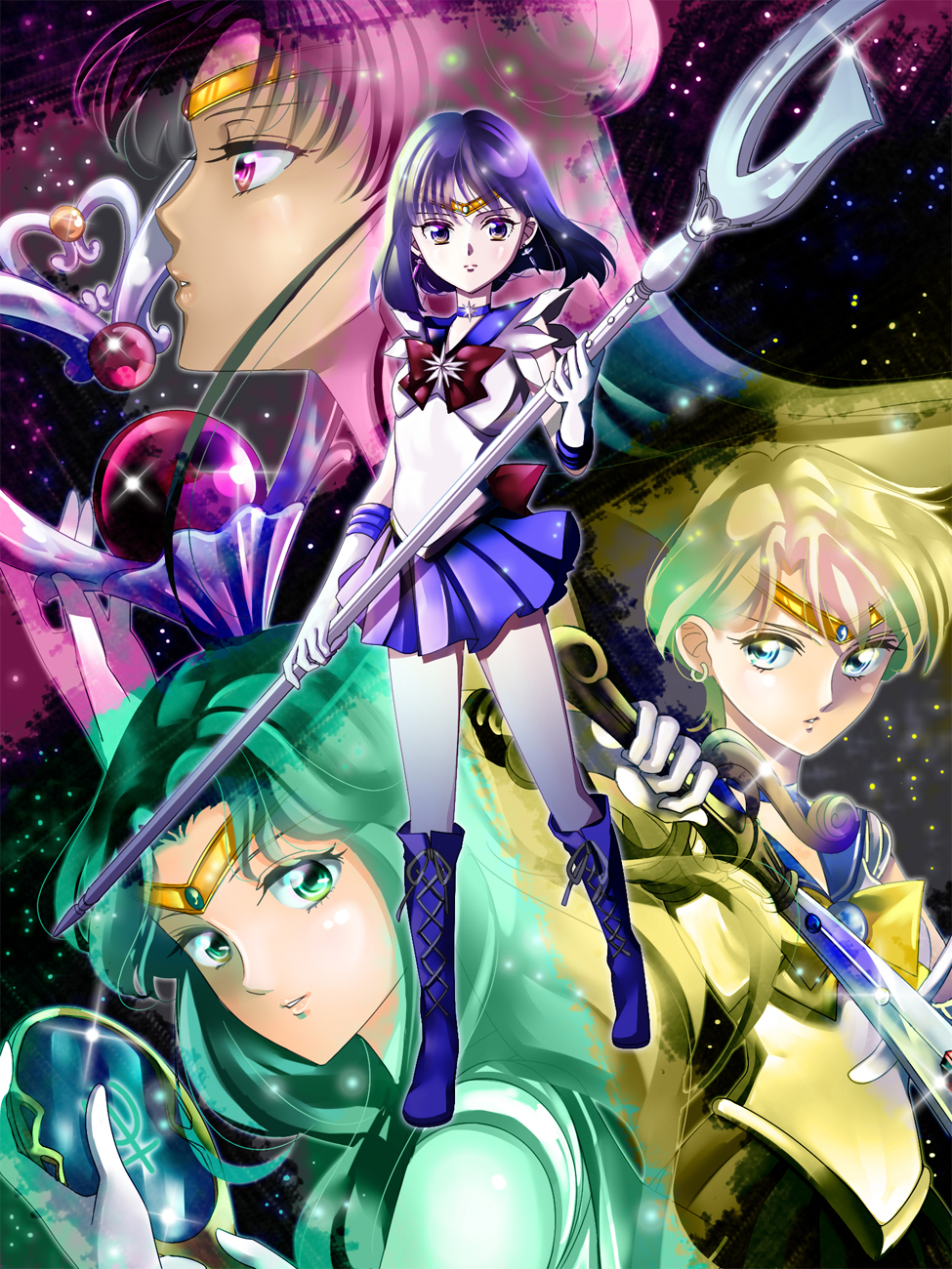 4girls, bishoujo_senshi_sailor_moon, black_hair, blonde_hair, blue_eyes, blue_sailor_collar, boots, bow, brooch, choker, deep_aqua_mirror, earrings, elbow_gloves, expressionless, full_body, garnet_rod, gloves, green_eyes, green_hair, heroes'_gallery, highres, holding, holding_polearm, holding_spear, holding_weapon, jewelry, kaiou_michiru, kansetuitai, knee_boots, lace-up_boots, long_hair, magical_girl, meiou_setsuna, multiple_girls, neptune_symbol, outer_senshi, pink_eyes, pleated_skirt, polearm, purple_eyes, purple_footwear, purple_skirt, red_bow, sailor_collar, sailor_neptune, sailor_pluto, sailor_saturn, sailor_senshi, sailor_uranus, short_hair, silence_glaive, skirt, space_sword, spear, standing, star_brooch, sword, ten'ou_haruka, tomoe_hotaru, weapon, white_gloves, yellow_bow