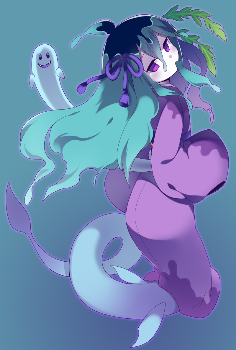 1girl, black_hair, blue_hair, fangs, female_focus, ghost, ghost_tail, hamahime_(p&amp;d), japanese_clothes, kaki_s, kimono, long_sleeves, looking_at_viewer, multicolored_hair, open_mouth, purple_eyes, puzzle_&amp;_dragons, sleeves_past_wrists, smile, solo