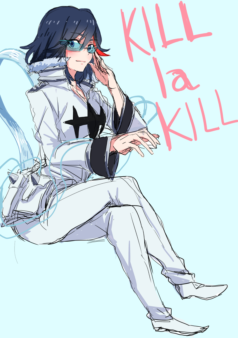 1girl, belt_pouch, bespectacled, black_hair, blue_eyes, cable, copyright_name, cosplay