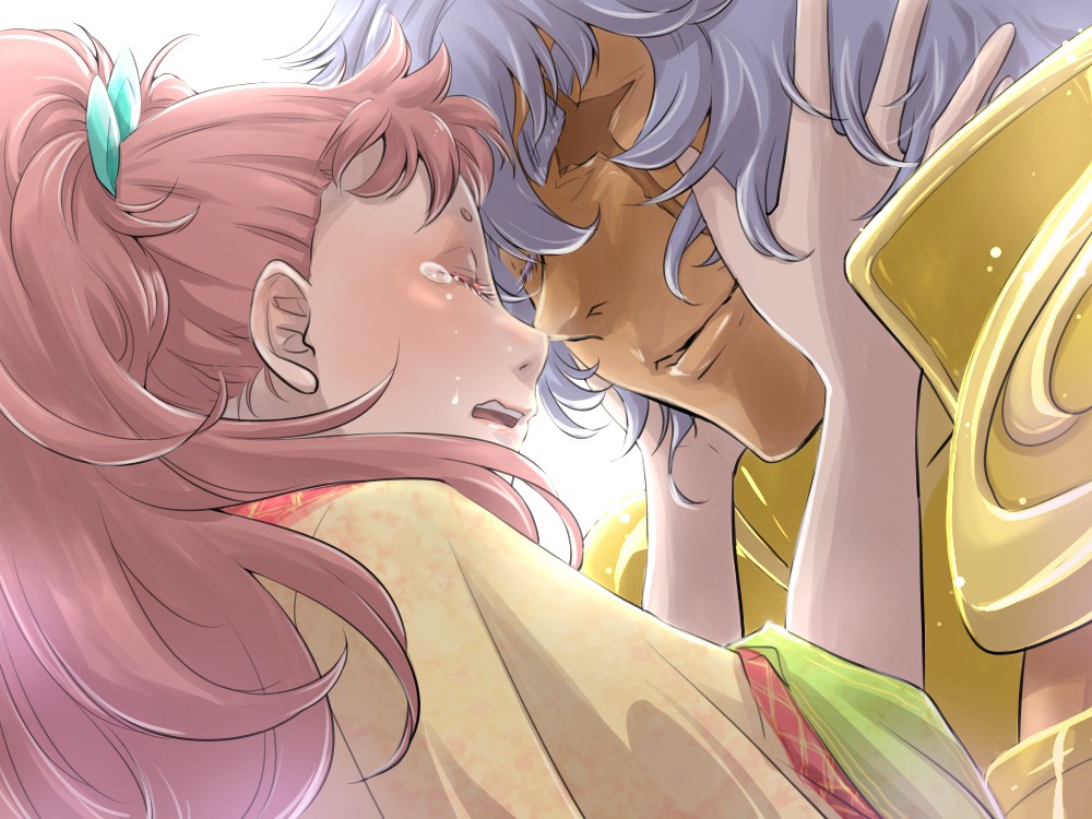 10s, 1boy, 1girl, age_difference, armor, closed_eyes, gold_armor, hairu_(690n)