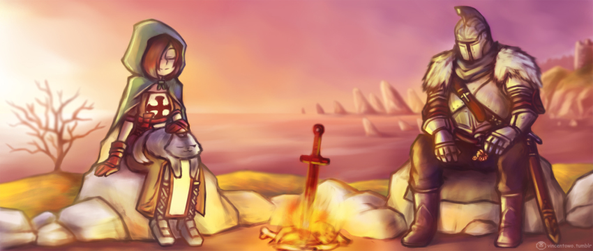 armor, brown_hair, cape, cat, closed_eyes, dark_souls_(series), dark_souls_i, dark_souls_ii, emerald_herald, faraam_armor, full_armor, gauntlets, gloves, hair_over_one_eye, helmet, hood, knight, ocean, skirt, smile, stone, sunset, sweet_shalquoir, sword, weapon