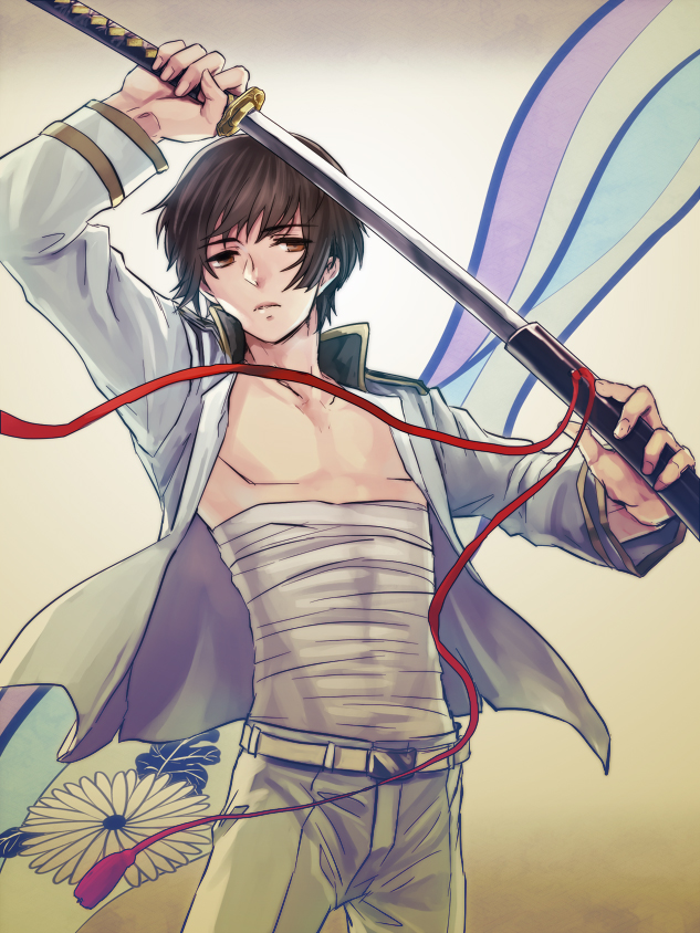 1boy, axis_powers_hetalia, belt, black_hair, drawing_sword, gradient_background, holding, holding_sword
