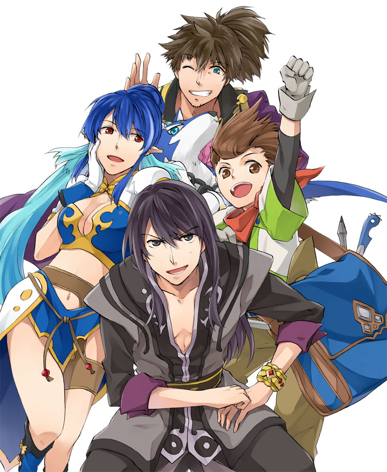 00s, 1girl, 3boys, arm_up, bag, black_eyes, black_hair, blue_hair, bracelet, breasts, brown_hair, cleavage, clenched_hand, dog, facial_hair, gloves, green_eyes, grin, hand_on_own_cheek, hand_on_own_face, high_ponytail, jewelry, judith_(tales), karol_capel, large_breasts, long_hair, miniskirt, multiple_boys, one_eye_closed, pants, pointy_ears, ponytail, raised_fist, raven_(tales), red_eyes, repede_(tales), shoes, skirt, smile, stubble, tales_of_(series), tales_of_vesperia, wink, yogura, yuri_lowell