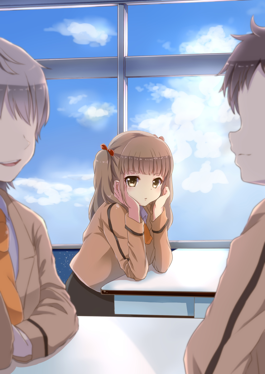 10s, 1girl, 2boys, absurdres, blurry, brown_eyes, brown_hair, depth_of_field