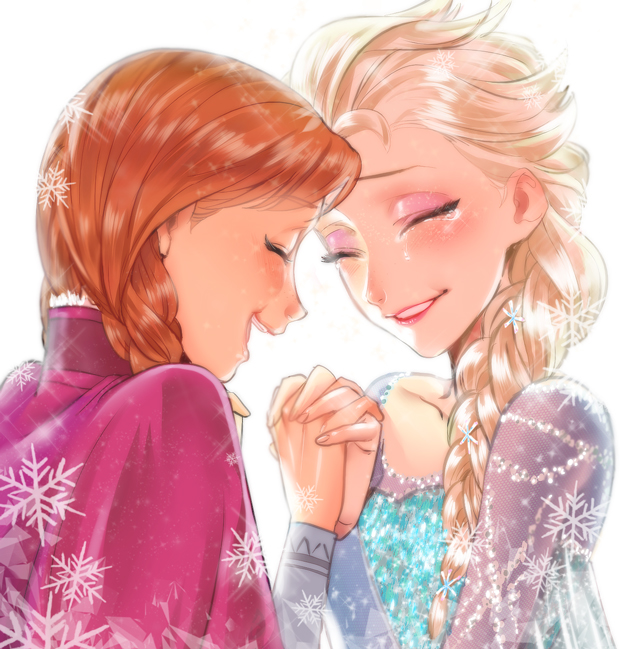 2girls, anna_(frozen), backlighting, bad_id, bad_pixiv_id, blush, braid, brown_hair, elsa_(frozen), closed_eyes, eyeshadow, frozen_(disney), glitter, happy, holding_hands, interlocked_fingers, laughing, lipstick, long_hair, makeup, multiple_girls, open_mouth, platinum_blonde_hair, red_lips, siblings, single_braid, sisters, smile, snowflakes, tears, white_background, yano_(404878)