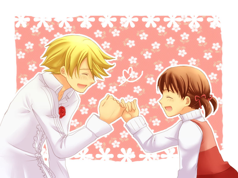 1boy, 1girl, blonde_hair, blush, brown_hair, doujima_nanako, flower, kuma_(human)_(persona_4)